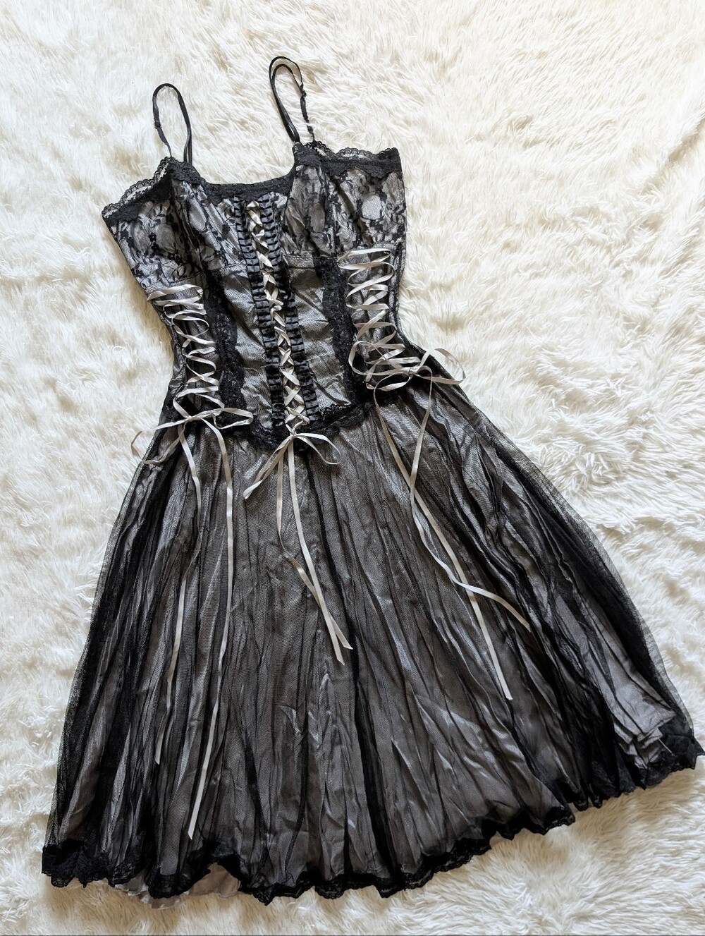 90s Morbid Threads Vintage Lace Up Corset Gothic Kawaii Tulle Dress Large
